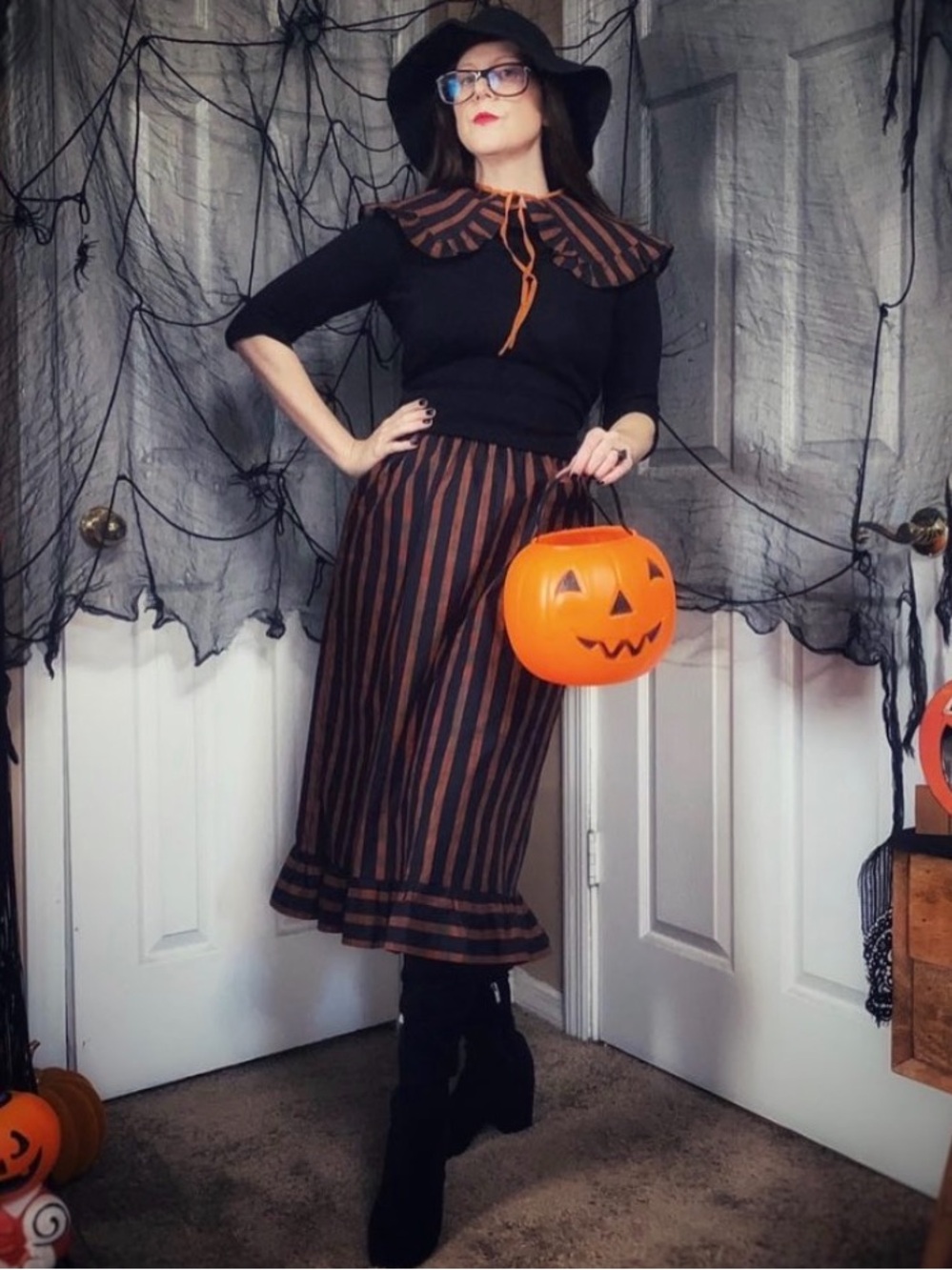 Handmade Victorian Black Orange Striped Stripe Cotton Pin Up Pencil Skirt